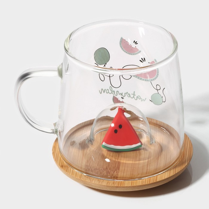 Кружка стеклянная с деревянной крышкой &laquo;Арбузик&raquo;, 300 мл