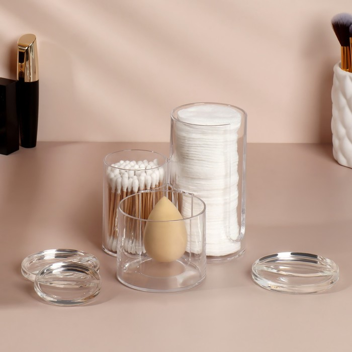 Органайзер для ватных палочек и дисков, с крышкой, 3 секции, 14 &times; 14 &times; 13 см, цвет прозрачный