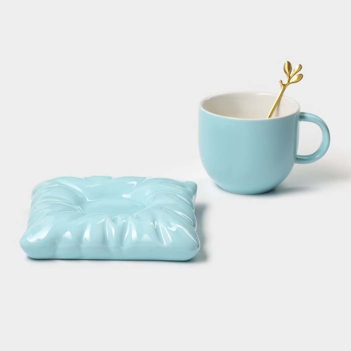 Чайная пара керамическая с ложкой «Зефирка», 2 предмета: чашка 250 мл, блюдце d=13 см, цвет голубой Чайная пара керамическая с ложкой «Зефирка», 2 предмета: чашка 250 мл, блюдце d=13 см, цвет голубой