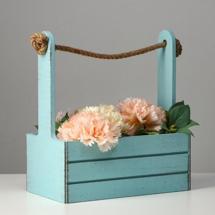 Кашпо деревянное 25.5&times;15&times;30 см "Прованс", ручка канат, серо-голубой