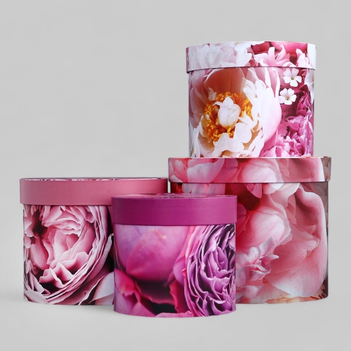 Набор шляпных коробок для цветов 4 в 1, упаковка подарочная, &laquo;Пионы&raquo;, 20 х 17,5 - 16 х 14 см