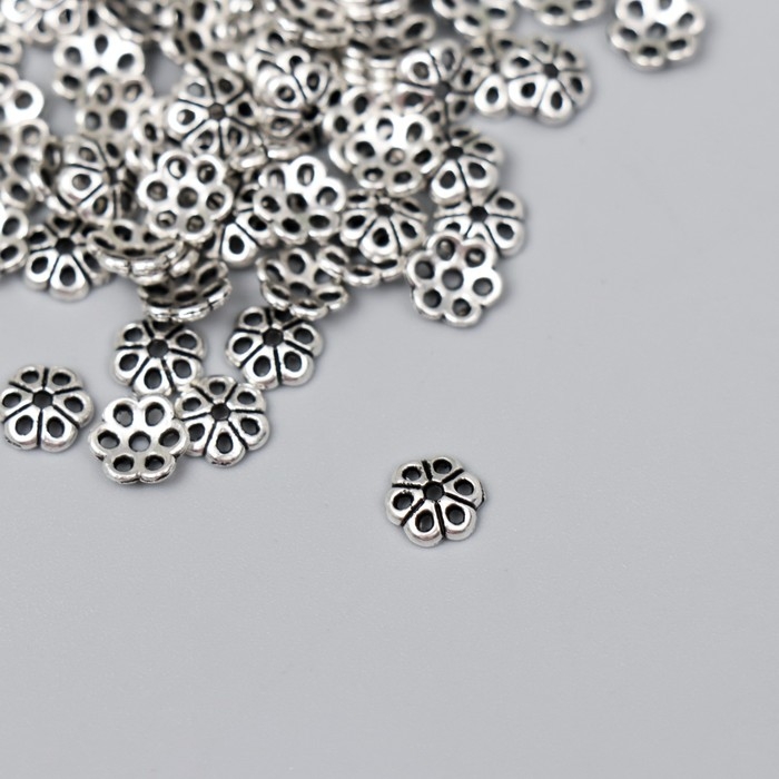 Декор шляпка для бусин металл "Цветочек" серебро G014B695 набор 80 шт 0,6х0,6 см