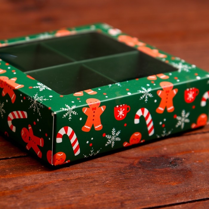 Новый год. Коробка под 4 конфеты, 12,6 х 12,6 х 3,5 "Имбирный пряник" , кондитерская упаковка