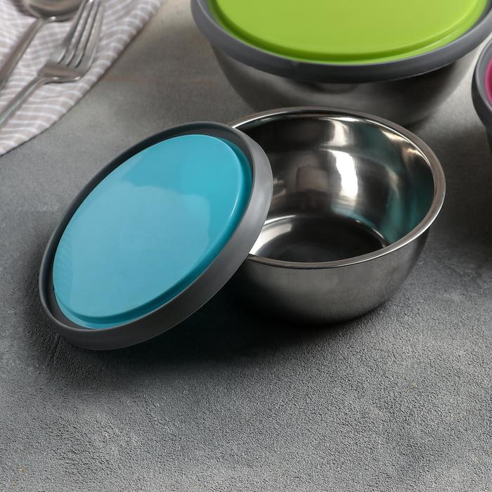 Набор салатников из нержавеющей стали с крышками «Яркая сталь», 3 шт: d=12 см, d=14 см, d=16 см, 800 мл, 600 мл, 400 мл, цвет МИКС Набор салатников из нержавеющей стали с крышками «Яркая сталь», 3 шт: d=12 см, d=14 см, d=16 см, 800 мл, 600 мл, 400 мл, цвет МИКС