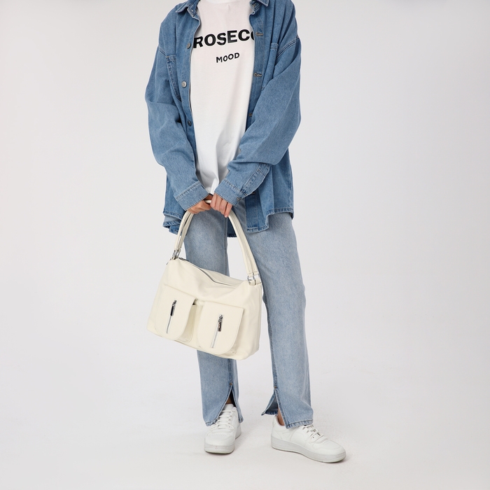 Сумка-тоут на молнии, 3 наружных кармана, цвет белый Сумка-тоут на молнии, 3 наружных кармана, цвет белый