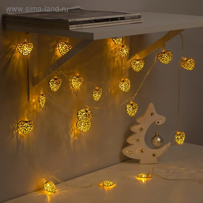 Гирлянда &laquo;Нить&raquo; 4 м с насадками &laquo;Сердце&raquo;, IP20, прозрачная нить, 20 LED, свечение тёплое белое, 8 режимов, 220 В