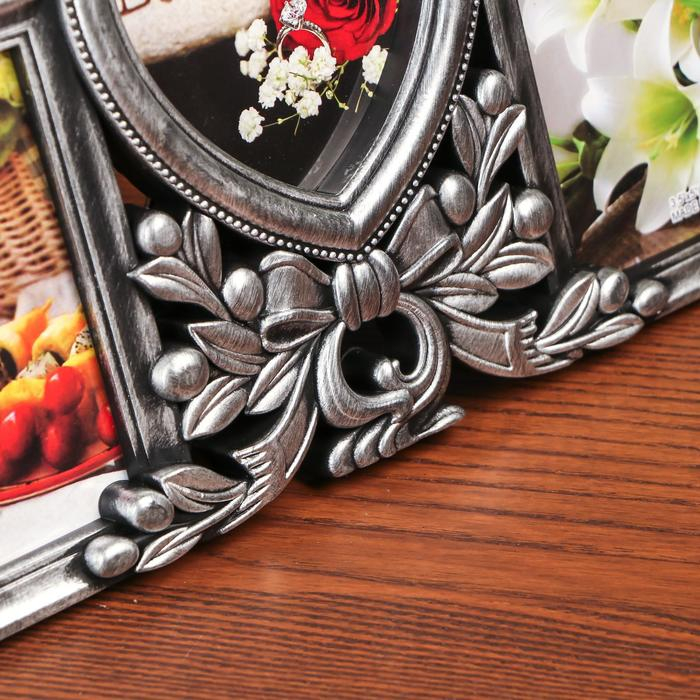 Фоторамка пластик на 3 фото 9х13, 10х10 см "Бант и ягодки" тёмное серебро 19х33 см