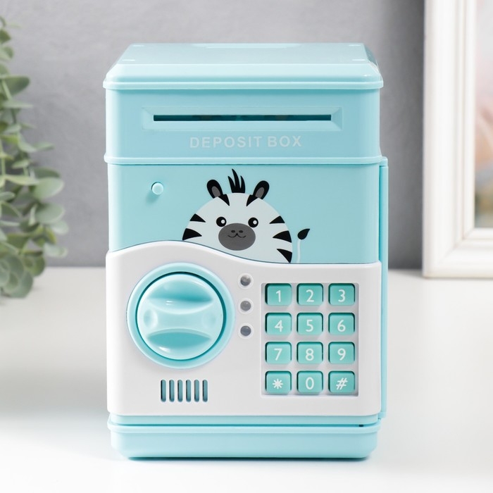 Копилка пластик Копилка пластик "Сейф. Зебра" кодовый замок, звук АА голубой 13х12х19 см