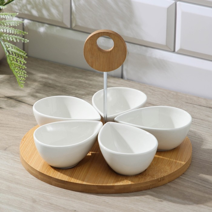 Набор салатников керамических на деревянной подставке &laquo;Эстет. Лепесток&raquo;, 5 предметов: 90 мл, цвет белый