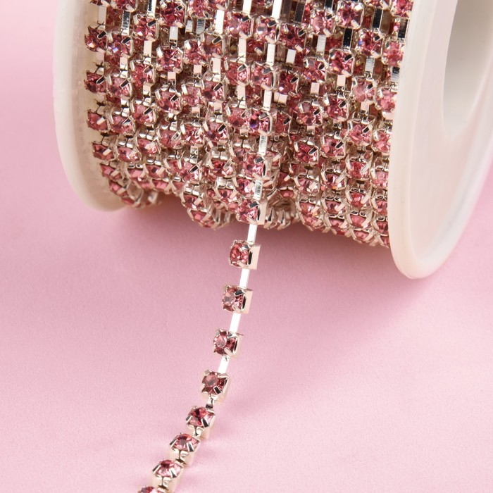 Цепь со стразами, металл, стекло, 3 мм, SS12, 9 &plusmn; 1 м, цвет розовый