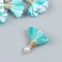 Декор текстиль "Цветок 2 цвета с жемчужиной. Небесный и белый" набор 6 шт 3 см