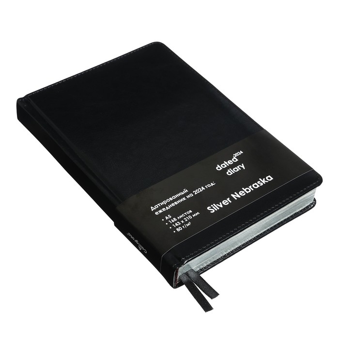 Ежедневник 2025 года A5, 168 листов в линейку, кожзам "Небраска", серебряный срез, черный
