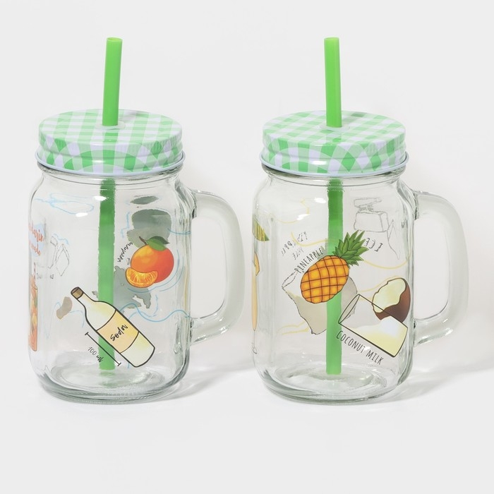 Набор кружек стеклянных Доляна &laquo;Летняя прохлада&raquo;, 2 предмета: 2 кружки с крышками и трубочками 450 мл