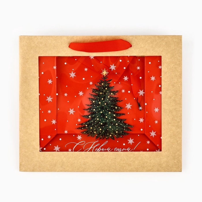 Пакет подарочный новогодний крафтовый с пластиковым окном &laquo;Новогоднее чудо&raquo;, 24 х 20 х 11см