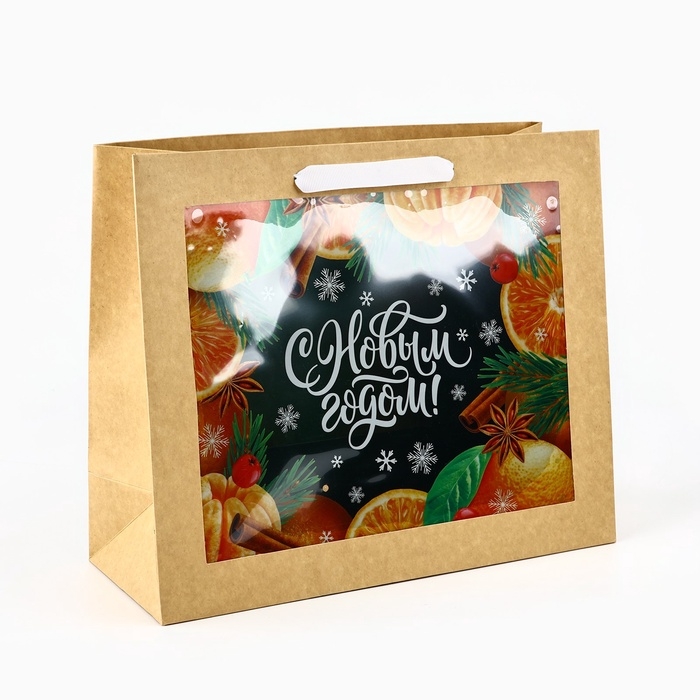 Пакет подарочный новогодний крафтовый с пластиковым окном &laquo;Новогодняя мандаринка&raquo;, 31 х 26 х 11 см