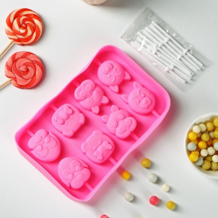 Форма для леденцов Доляна &laquo;Собакены&raquo;, силикон, 16,2&times;10,5&times;1,7 см, 8 ячеек, с палочками, цвет МИКС