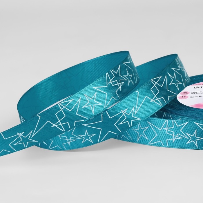 Лента атласная &laquo;Звёзды&raquo;, 15 мм, 23 &plusmn; 1 м, цвет голубой №047
