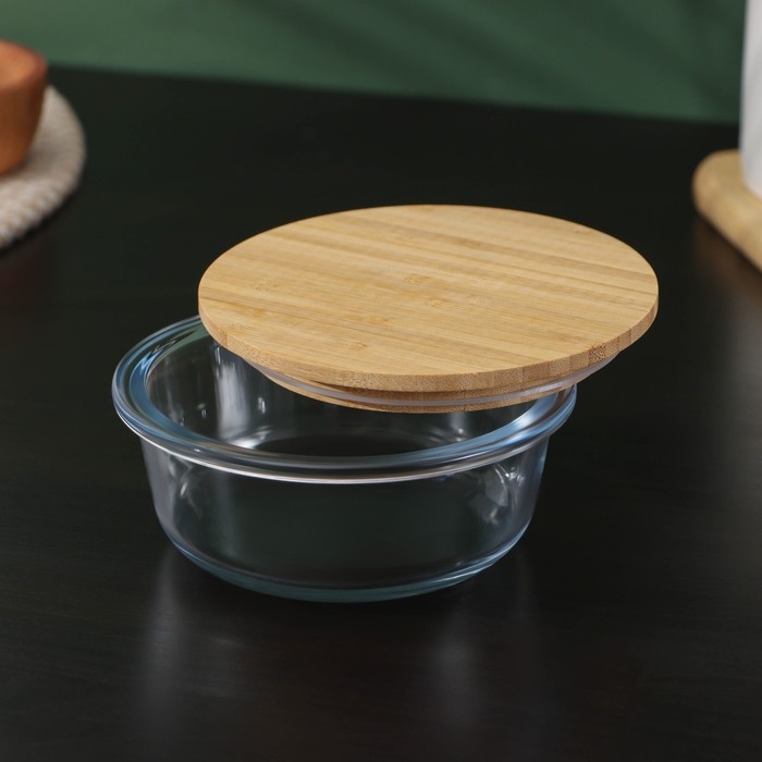 Контейнер для еды из жаропрочного стекла с бамбуковой крышкой BellaTenero &laquo;Эко&raquo;, 350 мл, 13&times;5,5см