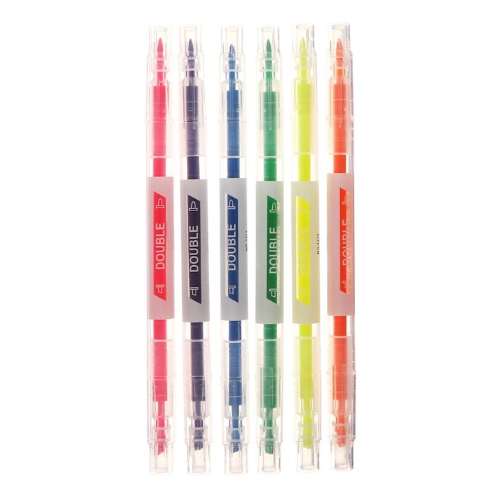 Набор маркеров текстовыделителей 6 штук, 6 цветов двусторонние, флуоресцентные цвета