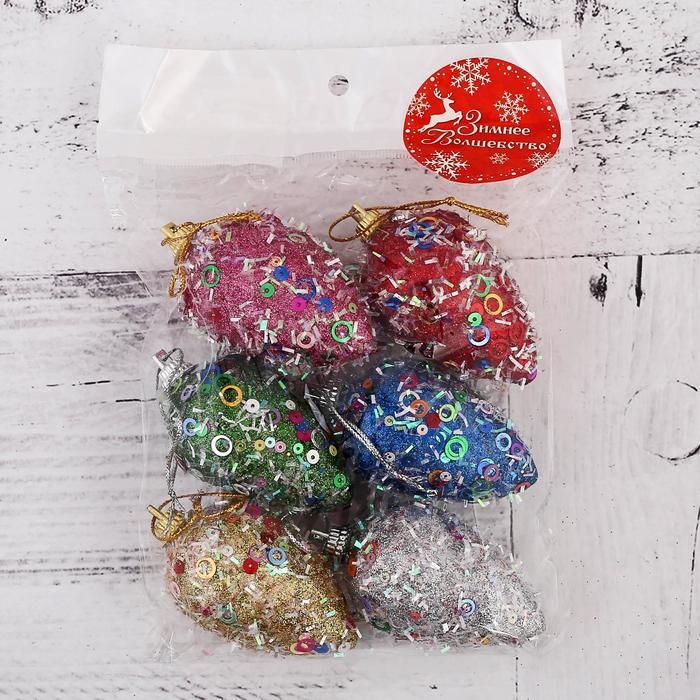 Украшение ёлочное Украшение ёлочное "Шишки в пайетках" (набор 6 шт) 4х7 см, микс