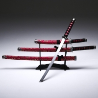 Сув. изделие катаны 3в1 на подставке, ножны ткань, драконы золото на бордо  47/70/89см