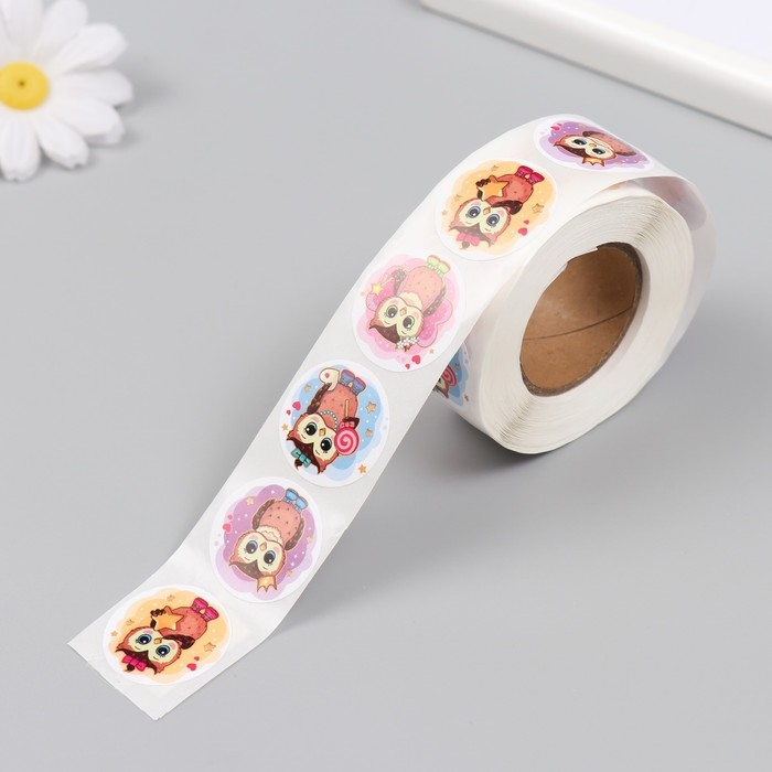 Наклейка бумага Наклейка бумага "Милая совушка" d=2,5 см 500 шт в рулоне 3х6,5х6,5 см