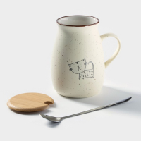 Кружка керамическая с деревянной крышкой и ложкой &laquo;Пэтти&raquo;, 350 мл, рисунок МИКС
