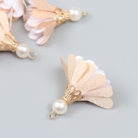 Декор текстиль "Цветок 2 цвета с жемчужиной. Телесный и белый" набор 6 шт 3 см