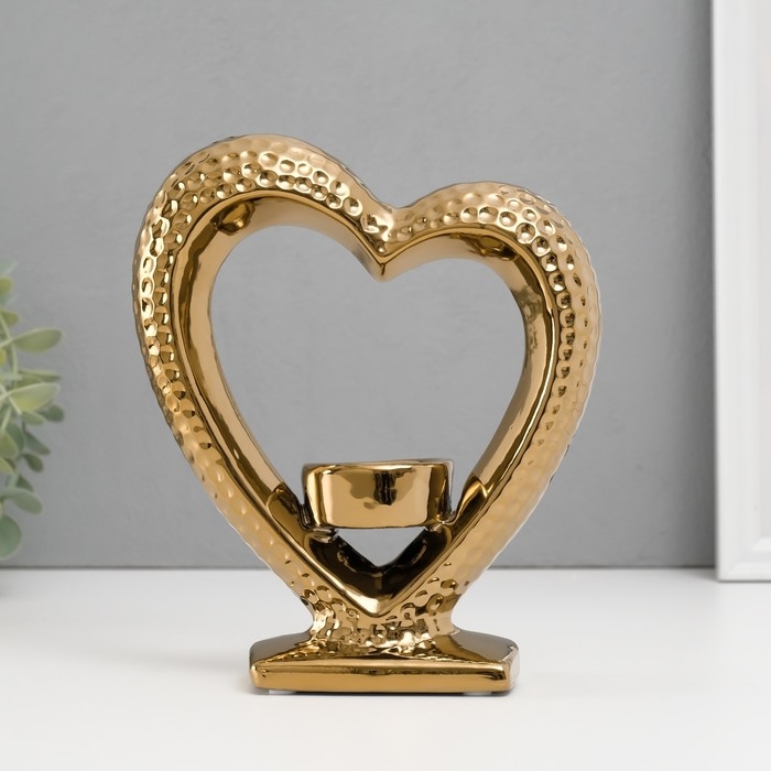 Подсвечник керамика на 1 свечу Подсвечник керамика на 1 свечу "Сердце на подставке" d=4 см золото 17х5,5х19,5 см