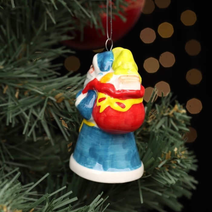 Ёлочная фарфоровая игрушка "Дед Мороз, мешок с подарками", синяя шуба, 8 см