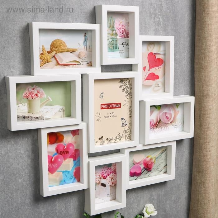 Фоторамка пластик на 9 фото 9х13, 10х15, 13х18 см Фоторамка пластик на 9 фото 9х13, 10х15, 13х18 см "Классика" белая 53х53 см