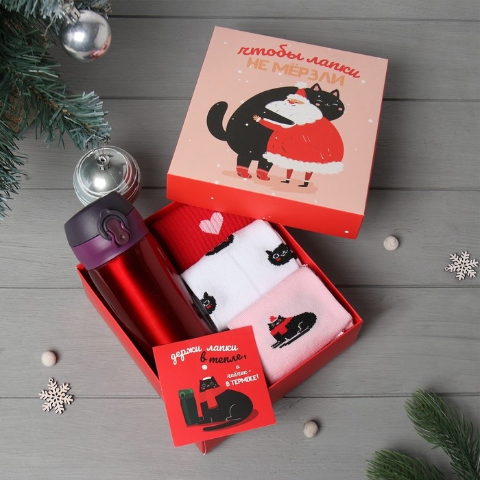 Подарочный набор термос и носки 3 пары KAFTAN Подарочный набор термос и носки 3 пары KAFTAN "Лапки", р.36-39