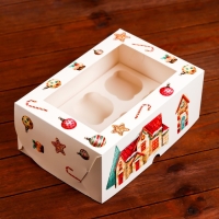 Новый год. Коробка для 6 капкейков с окном "Рождественский домик", 25 х 17 х 10 см, упаковка