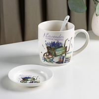 Кружка керамическая с ложкой на подставке «Лаванда», 330 мл, рисунок МИКС Кружка керамическая с ложкой на подставке «Лаванда», 330 мл, рисунок МИКС