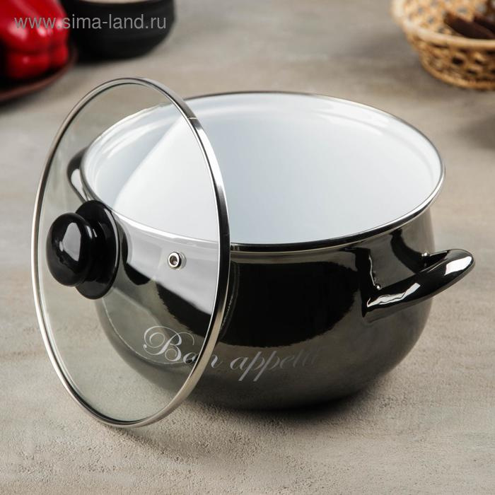 Кастрюля эмалированная «Металлик», 4 л, стеклянная крышка, индукция, цвет чёрный Кастрюля эмалированная «Металлик», 4 л, стеклянная крышка, индукция, цвет чёрный