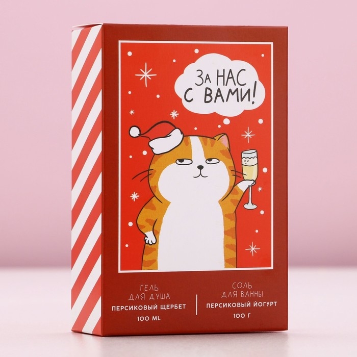 Подарочный набор косметики новогодний &laquo;За нас с вами&raquo;, гель для душа 100 мл и соль для ванны 100 г, аромат персиковый щербет, Новый Год