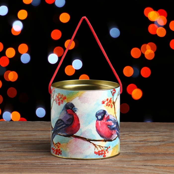 Новый год. Подарочная коробка, тубус &laquo;Снегири с рябиной&raquo; 120 х 120 мм (100 мм внутр. высота).