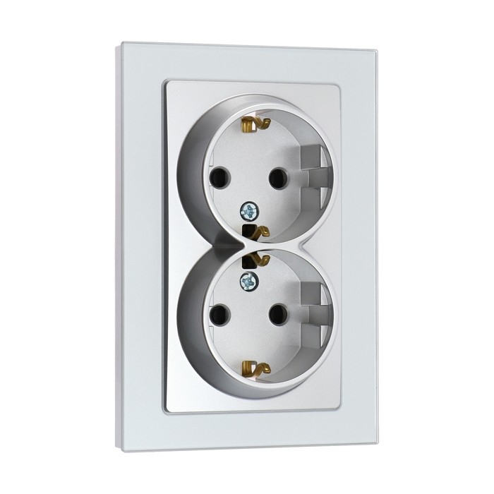 Розетка двухместная TOT Glossy Glass, 16 А, скрытая, с з/к, стекло, серебристая Розетка двухместная TOT Glossy Glass, 16 А, скрытая, с з/к, стекло, серебристая