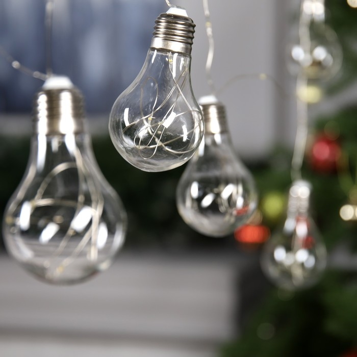 Гирлянда &laquo;Нить&raquo; 3 м с насадками &laquo;Лампочки&raquo;, IP20, серебристая нить, 100 LED, свечение тёплое белое, 3.5 В