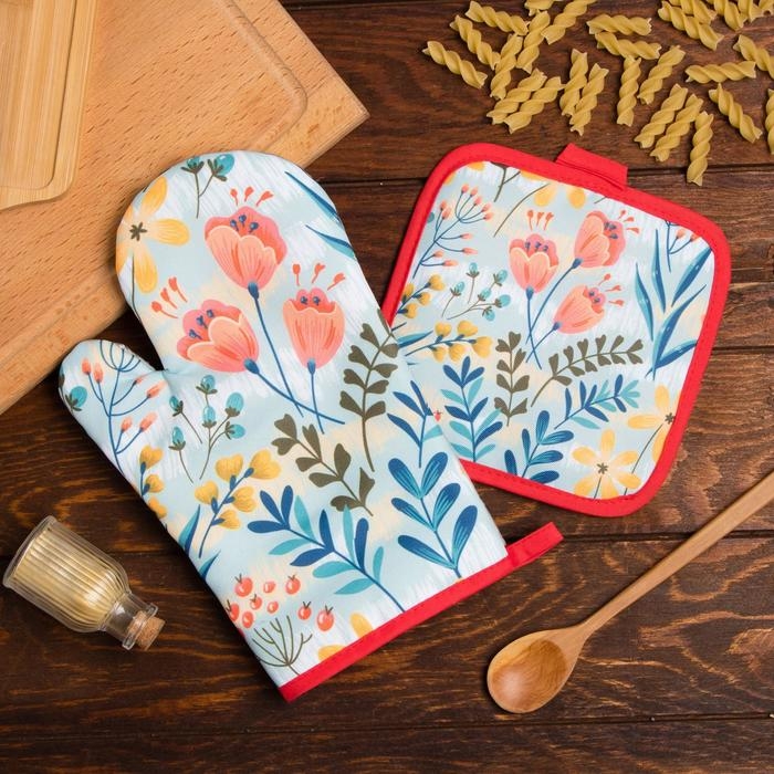 Кухонный набор Доляна &laquo;Тюльпаны&raquo;, прихватка 17*17 см, рукавица 26*16 см,100% п/э