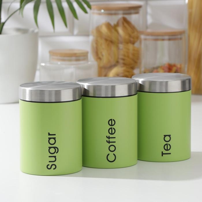 Набор банок для сыпучих продуктов Prime, 3 шт, с ложками, с хлебницей, цвет салатовый Набор банок для сыпучих продуктов Prime, 3 шт, с ложками, с хлебницей, цвет салатовый