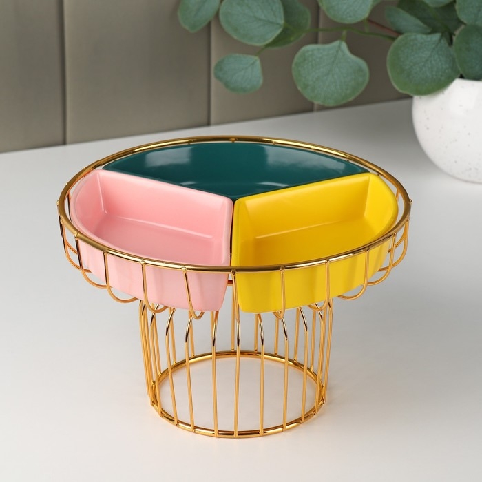 Менажница керамическая 3 ячейки на металлической подставке &laquo;Богема&raquo;, 22&times;14 см, цвет МИКС