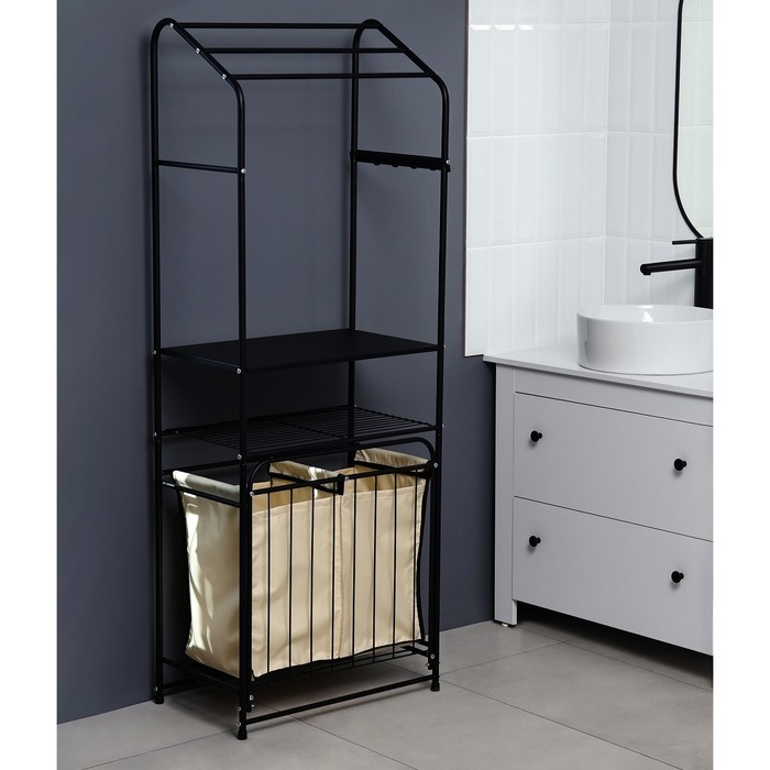 Стеллаж с двойной корзиной для белья и перекладинами, 2-х ярусный, 60&times;35&times;160 см, цвет чёрный