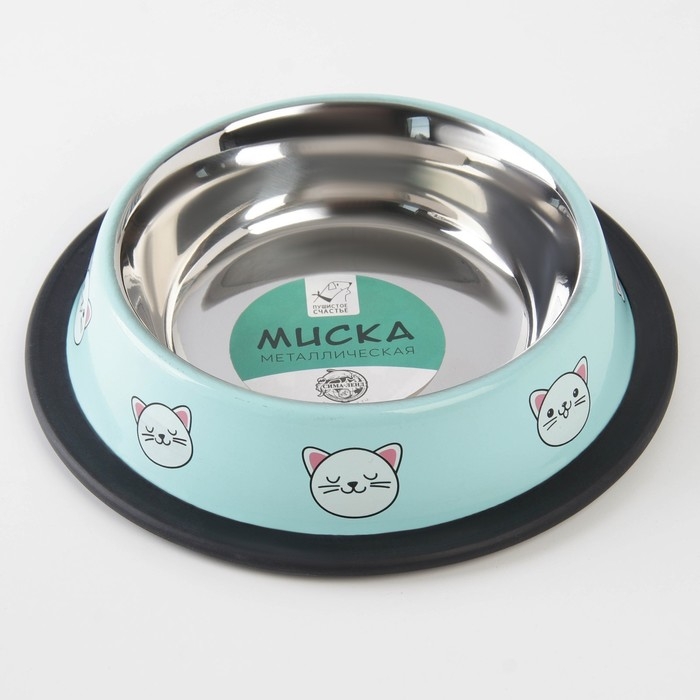 Миска металлическая для кошки с нескользящим основанием &laquo;Сытый котик - добрый котик&raquo;, 235 мл, 15х3.5 см