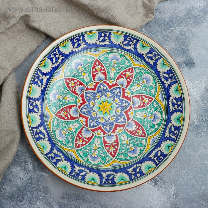 Ляган круглый Риштанская Керамика, 41см, белый с синим, красно-жёлто-зелёный узор Ляган круглый Риштанская Керамика, 41см, белый с синим, красно-жёлто-зелёный узор