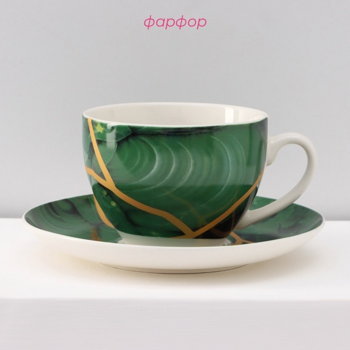 Сервиз фарфоровый чайный Доляна &laquo;Малахитовая шкатулка&raquo;, 12 предметов: 6 чашек 250 мл, 6 блюдец d=15 см, цвет зелёный