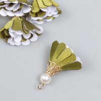 Декор текстиль "Цветок 2 цвета с жемчужиной. Оливковый и белый" набор 6 шт 3 см Декор текстиль "Цветок 2 цвета с жемчужиной. Оливковый и белый" набор 6 шт 3 см