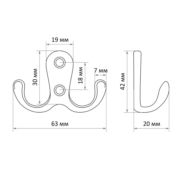Крючок мебельный ТУНДРА TKD006, двухрожковый, хром