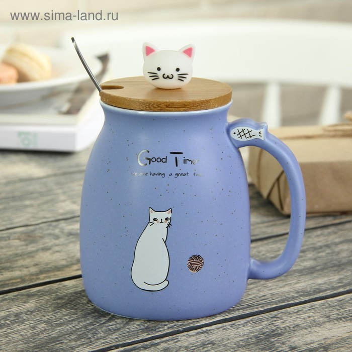 Кружка керамическая с деревянной крышкой и ложкой &laquo;Котик&raquo;, 500 мл, цвет и рисунок МИКС