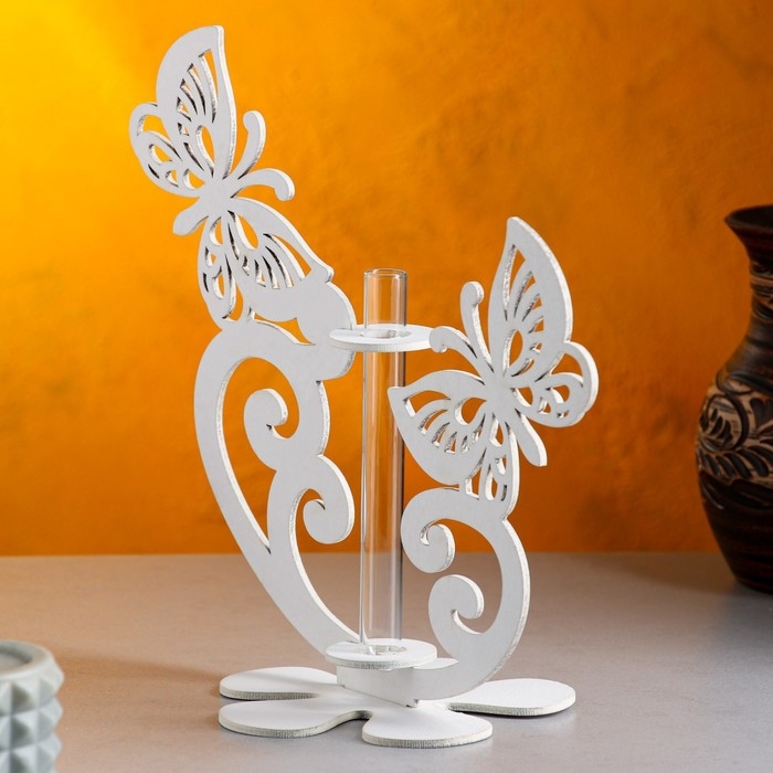 Кашпо деревянное 13.5&times;13&times;26.5 см с 1 колбой "Бабочки", белый Дарим Красиво